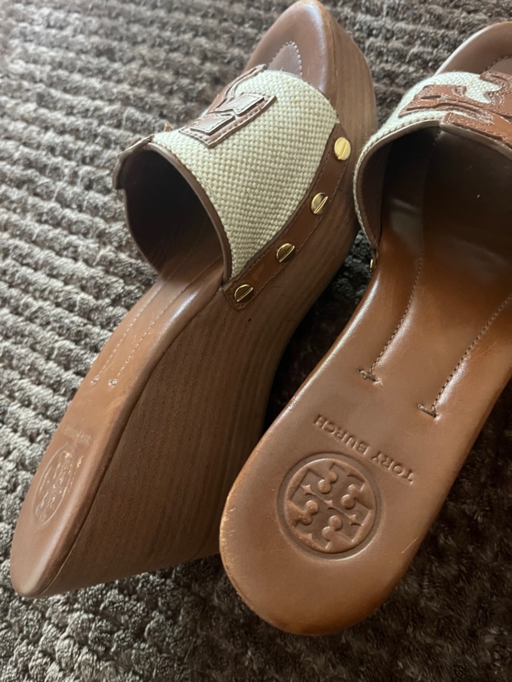 Tory Burch Brown Leather and Cream Canvas Logo Slide Mules - Picture 8 of 12